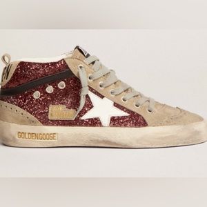 Golden Goose Mid Star sneakers in burgundy glitter with dove suede inserts